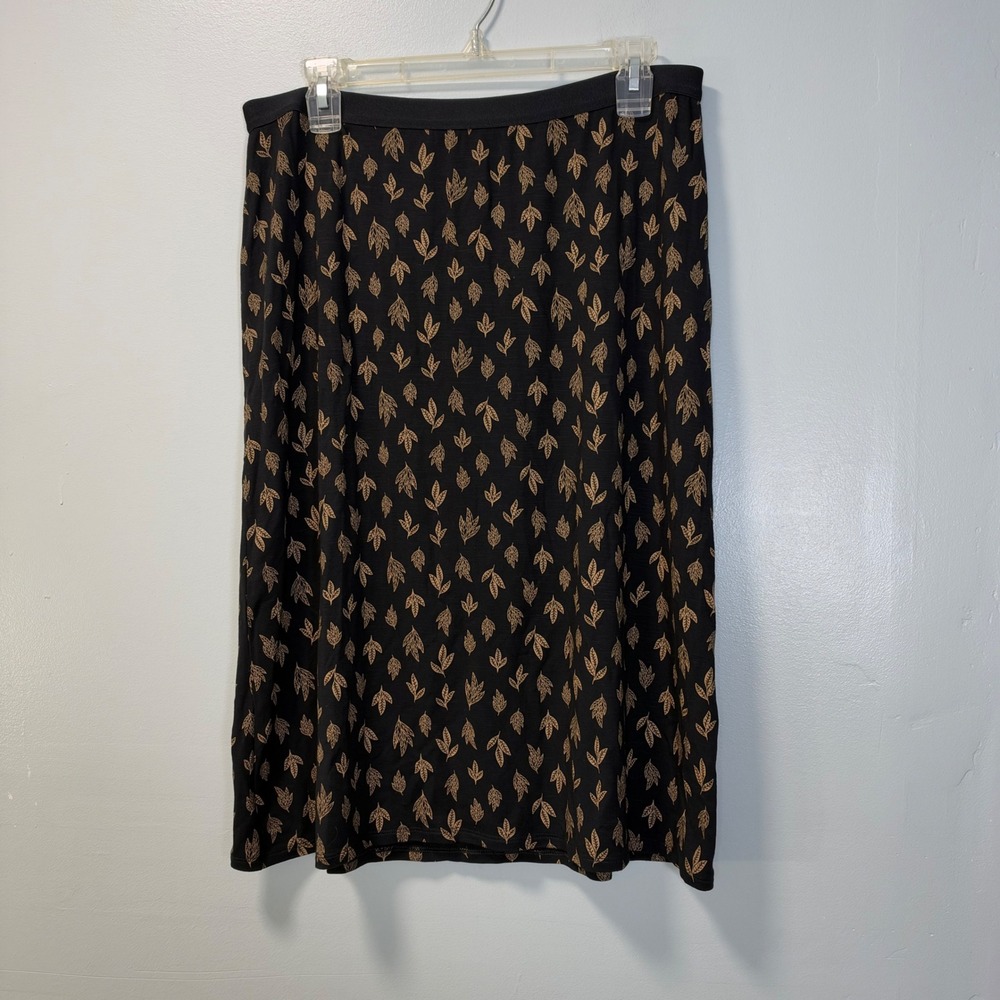 J.Jill Black Gold Leaf Print Pull On Midi Skirt Petite Medium
